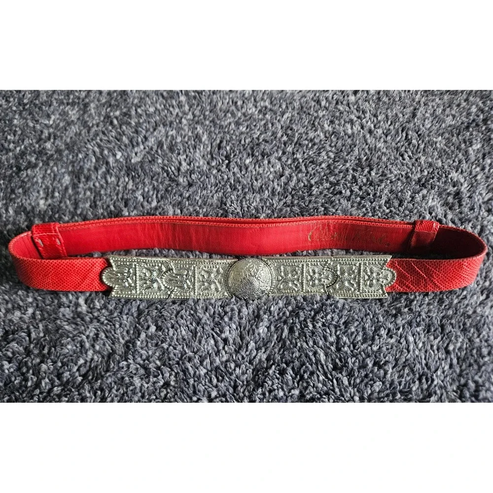 Alexis Kirk Statement Belt Red Snake Embossed Leather Silver Ornate Buckle VTG